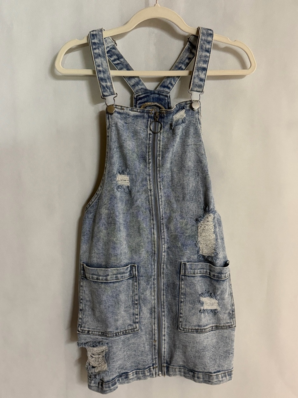 Tinsel Town Zip Front Distressed Denim Overall Dress Small
